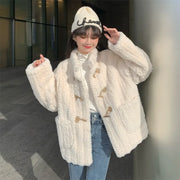 New Women Velvet Jackets Fall Winter Thicken Warm Loose Pocket Oversized Plush Coats Retro Casual Harajuku Office Lady Outwear