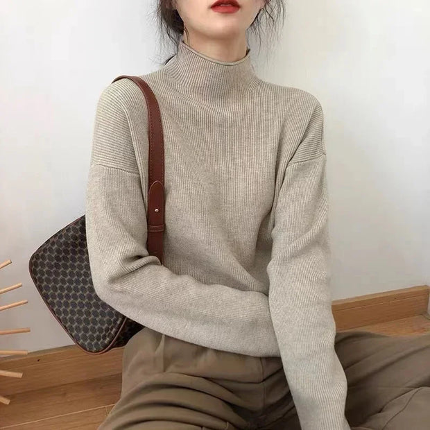 2024 Solid Splicing Turtleneck Knitted Sweater Pullover Women Loose Long Sleeve Warm Pullovers Korea Autumn Winter Sweaters