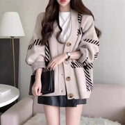 2024 New Black Striped Knitted Cardigan Loose Fit Idle Style Simple Versatile Sweater Jacket For Women Spring Autumn Korean Vers