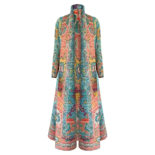 Miyake Pleated Retro Printed Foldable Collar Long Sleeved Trench Coat for Women's Autumn New Ethnic Style Oversized Long Jacket