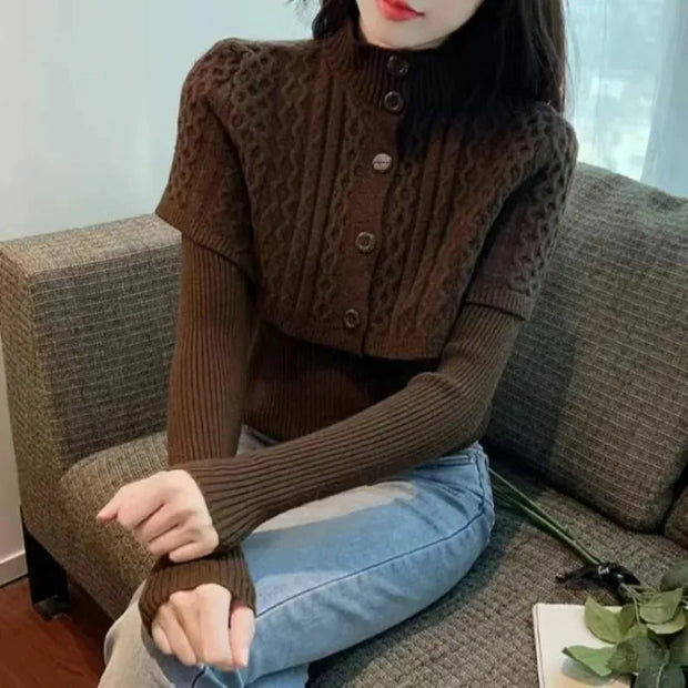 2024 New Women's Autumn/Winter Long Sleeve Cable Knit Top Stylish Knitted Pullovers 2-Piece Set Base Layer Top