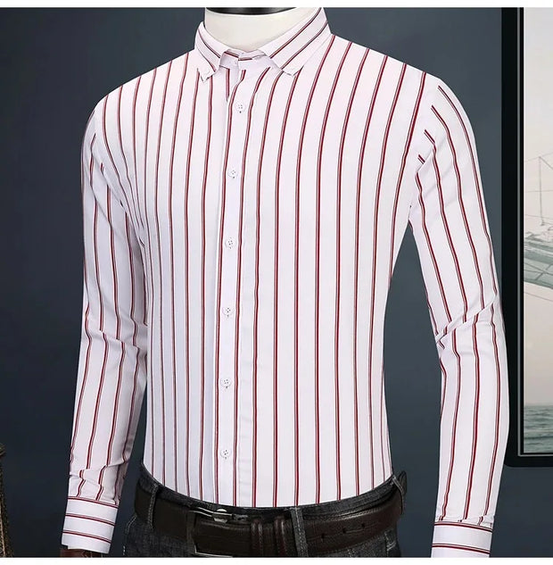 Men's Striped Long Sleeve Elegant Dress Shirt Bamboo Fiber Without Pocket Standard Fit Casual Button Down Male Business Shirts