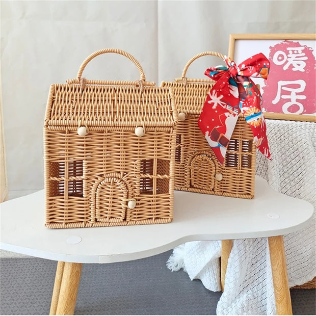 Plastic Wicker Picnics Basket with Handle Elegant House Shaped Rattan Suitcase Stylish Christmas Gift Packaging Box