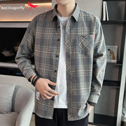 Red Dragonfly Plaid Shirt Men's Shirt Clothes Autumn and Winter New Trendy Casual Long Sleeve Shirt Coat Men's Clothing