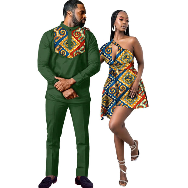 African Outfits for Couples Women Long Skirt & Men 2 Pieces Attire and Pants Sets