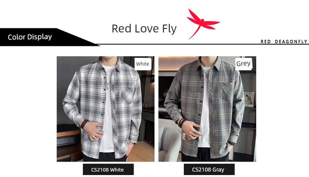 Red Dragonfly Plaid Shirt Men's Shirt Clothes Autumn and Winter New Trendy Casual Long Sleeve Shirt Coat Men's Clothing