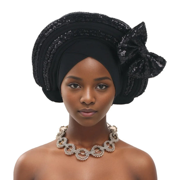 Pre-Tied Africa Braid Aso Oke Auto Gele Headtie Already Made Nigerian Turbans for Women African Head Wrap Bonnet for Party 1Set