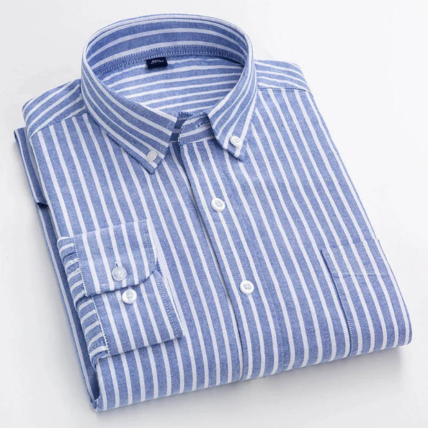 Mens Vertical Striped Shirts Pure Cotton Regular Fit Oxford Dress Shirt Male Button Down Long Sleeve Casual Shirts with Pocket