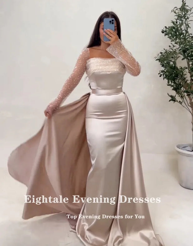 Eightale Pink Evening Dresses with Detachable Skirt Sequin Long Sleeve Customized Prom Party Gown Wedding sukienki na studniówkę