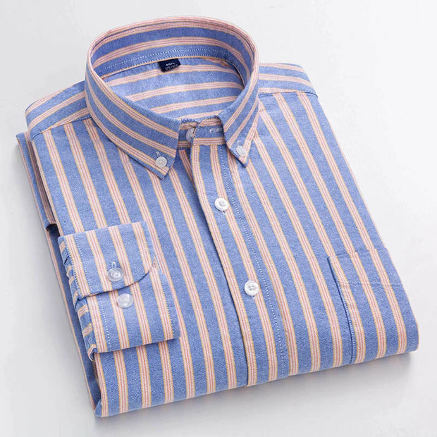 Mens Vertical Striped Shirts Pure Cotton Regular Fit Oxford Dress Shirt Male Button Down Long Sleeve Casual Shirts with Pocket