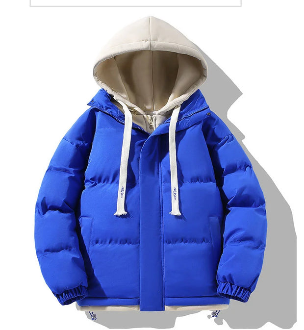 Men Hooded Cotton Coat2024 New Casual Hooded Fake Two-piece Design Down Cotton Warm Parka Korean Style Thick Men's Winter Jacket