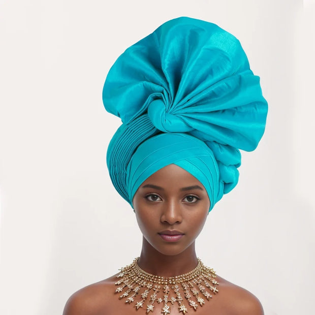 African Female Turban Cap Women Auto gele Headtie Nigeria Raw Silk Fan Gele Wedding Headdress Party Head Wraps Headwear Turbante