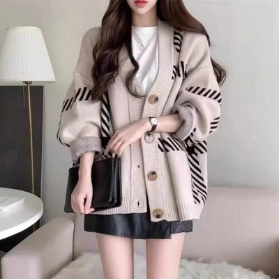 2024 New Black Striped Knitted Cardigan Loose Fit Idle Style Simple Versatile Sweater Jacket For Women Spring Autumn Korean Vers