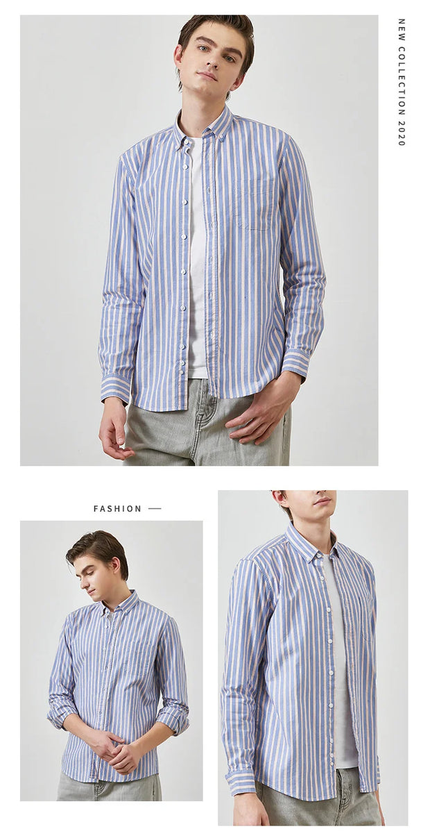 Mens Vertical Striped Shirts Pure Cotton Regular Fit Oxford Dress Shirt Male Button Down Long Sleeve Casual Shirts with Pocket