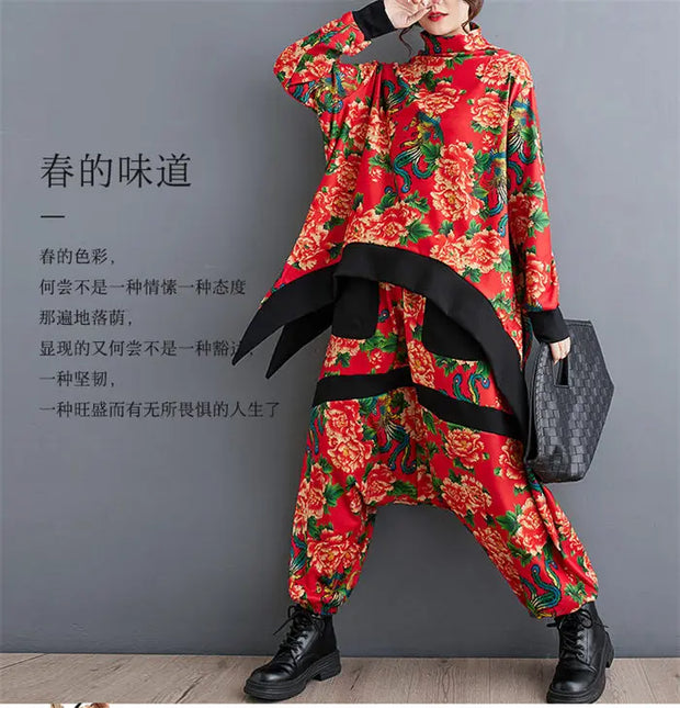 Design Retro Ethnic Style Two Piece Set Women Outfit 2024 Spring Casual Irregular Half High Neck Top + Harem Pants Suit Z4835