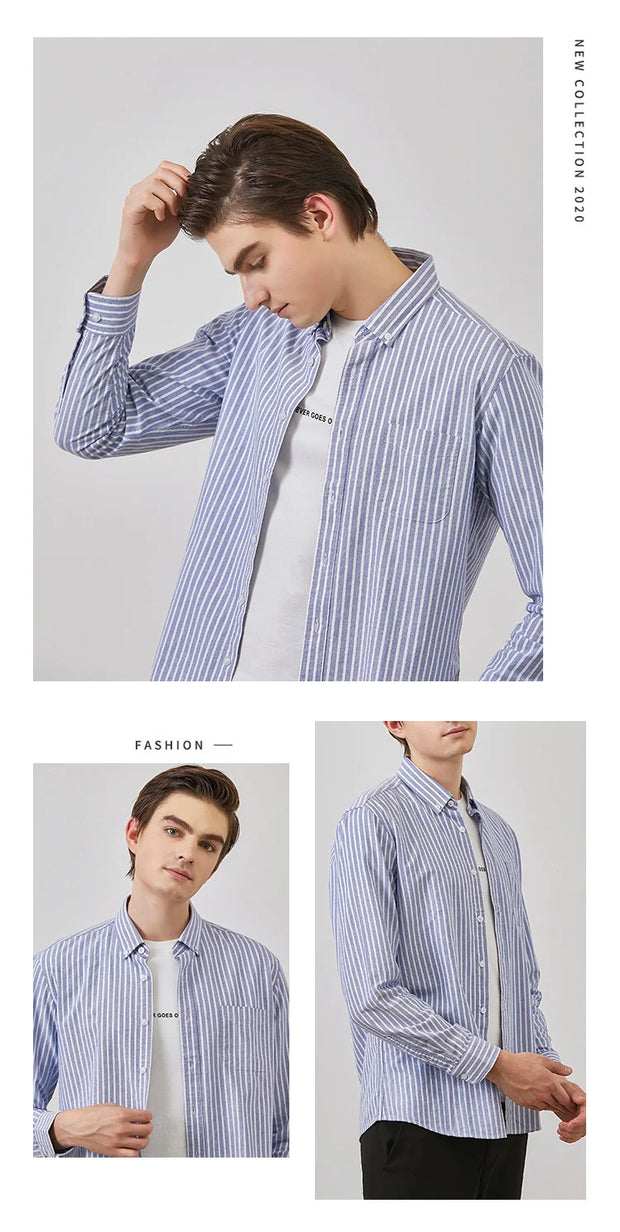 Mens Vertical Striped Shirts Pure Cotton Regular Fit Oxford Dress Shirt Male Button Down Long Sleeve Casual Shirts with Pocket