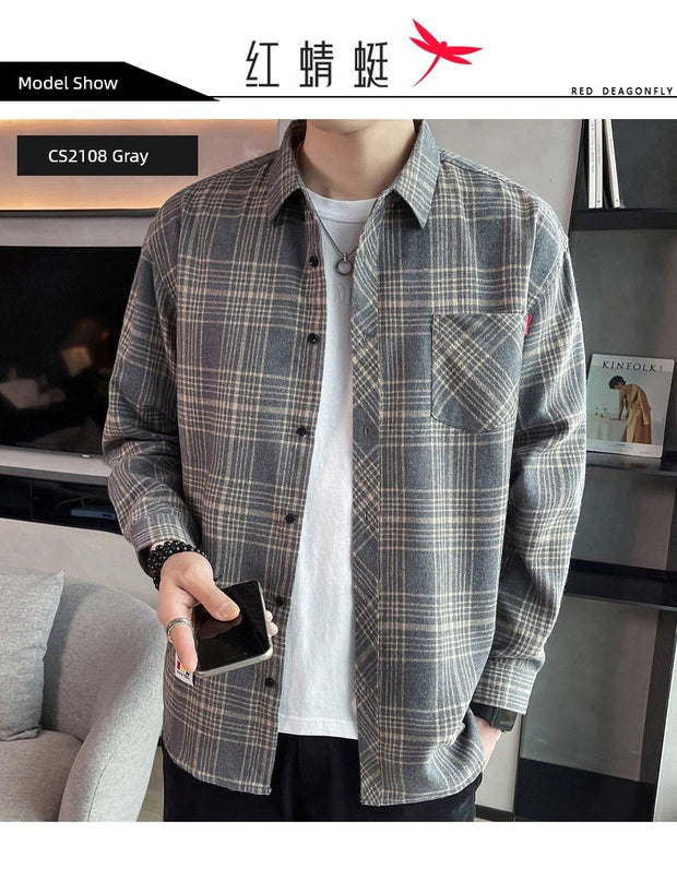 Red Dragonfly Plaid Shirt Men's Shirt Clothes Autumn and Winter New Trendy Casual Long Sleeve Shirt Coat Men's Clothing