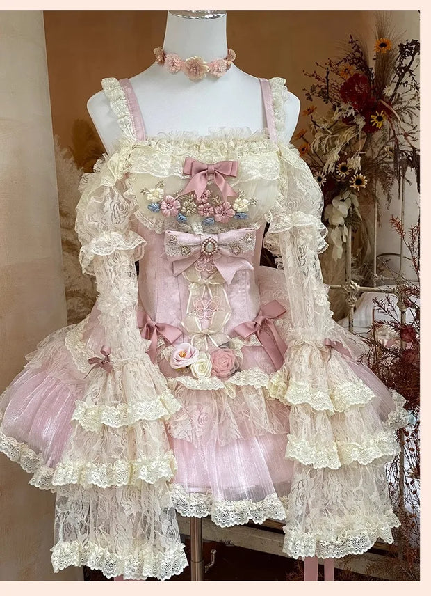 Autumn Spring Sweet Lolita Sleeveless Rose Patch Lace Light Lolita Dress Pink Fairy Ball Gown Dress