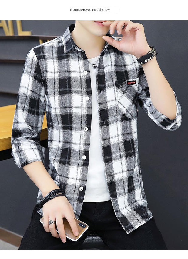 Long sleeve Shirts Men's Plaid Trendy Brand New Autumn and Winter Fleece-lined Korean Style Loose Casual Shirt Hong Kong Style Clothes