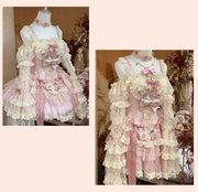 Autumn Spring Sweet Lolita Sleeveless Rose Patch Lace Light Lolita Dress Pink Fairy Ball Gown Dress