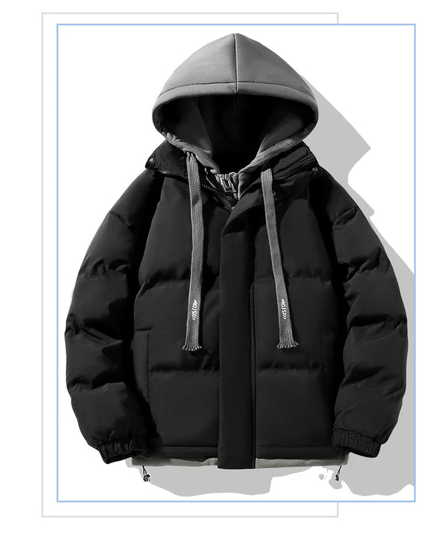 Men Hooded Cotton Coat2024 New Casual Hooded Fake Two-piece Design Down Cotton Warm Parka Korean Style Thick Men's Winter Jacket