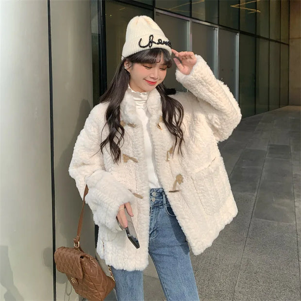 New Women Velvet Jackets Fall Winter Thicken Warm Loose Pocket Oversized Plush Coats Retro Casual Harajuku Office Lady Outwear