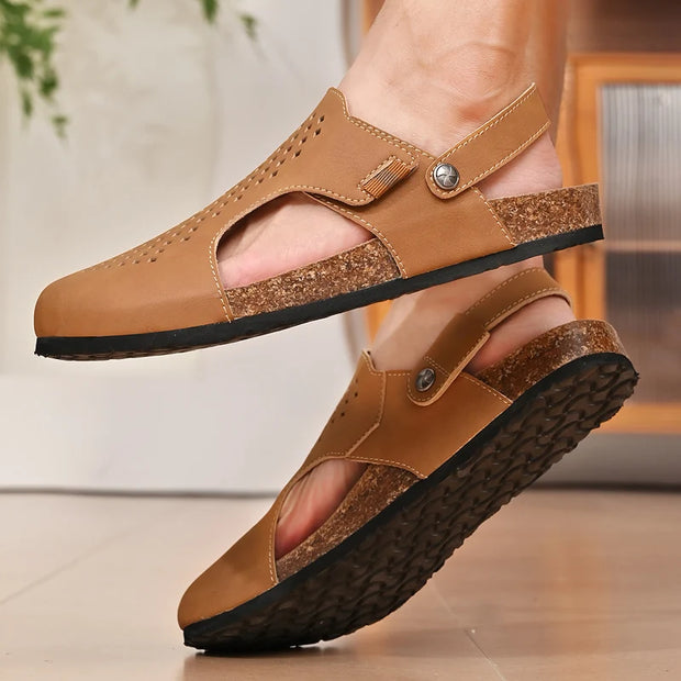 2024 Men Genuine Leather Shoes Men's Sandals Durable Handmade Stitching Close Toe Non Slip Shoes For Indoor Outdoor Beach