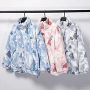 New Women's Tie Dye Lamb Fleece Jacket Autumn Winter Zipper Outerwear Warm Plush Jackets Harajuku Casual Loose Female Thick Coat