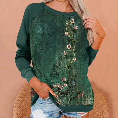 Ladies' Ethnic Style Floral Printed Loose Long Sleeve Round Neck Pullover Top Fashion Retro Casual And Versatile Thin Shirt