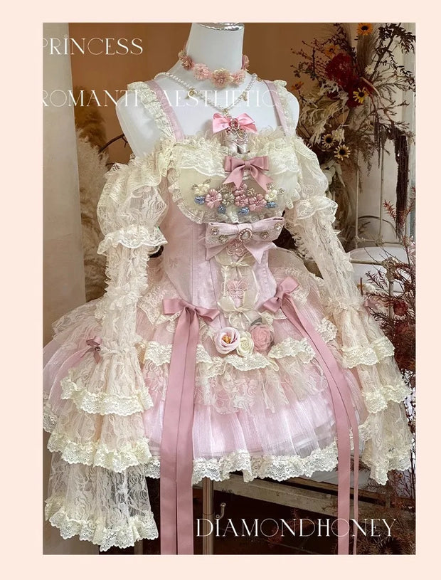 Autumn Spring Sweet Lolita Sleeveless Rose Patch Lace Light Lolita Dress Pink Fairy Ball Gown Dress