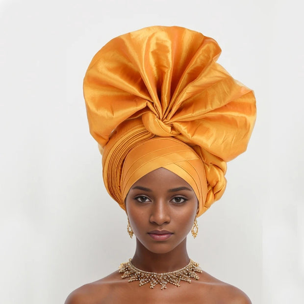 African Female Turban Cap Women Auto gele Headtie Nigeria Raw Silk Fan Gele Wedding Headdress Party Head Wraps Headwear Turbante