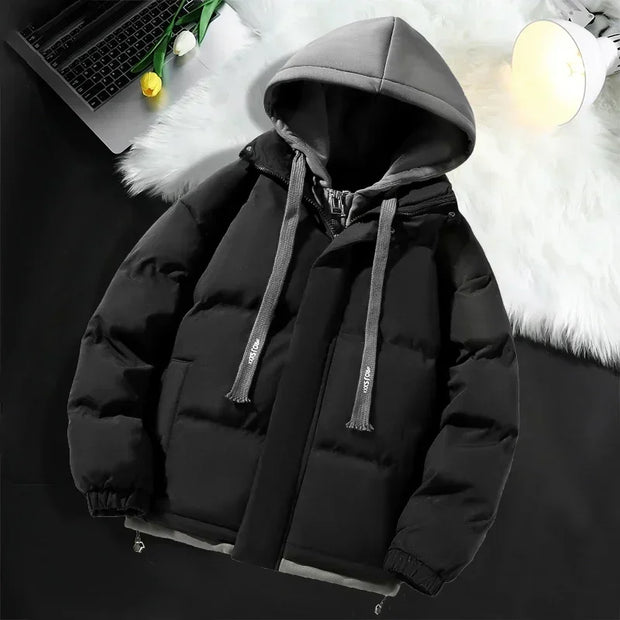 Men Hooded Cotton Coat2024 New Casual Hooded Fake Two-piece Design Down Cotton Warm Parka Korean Style Thick Men's Winter Jacket