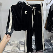 C Letter Plus Velvet Thick Knit Velvet Jacket Striped Splicing Wide Leg Pants Two-piece Set Elegant Women's Pants Set Tracksuits