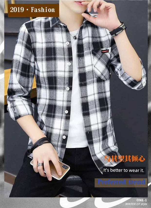 Long sleeve Shirts Men's Plaid Trendy Brand New Autumn and Winter Fleece-lined Korean Style Loose Casual Shirt Hong Kong Style Clothes