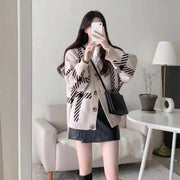 2024 New Black Striped Knitted Cardigan Loose Fit Idle Style Simple Versatile Sweater Jacket For Women Spring Autumn Korean Vers