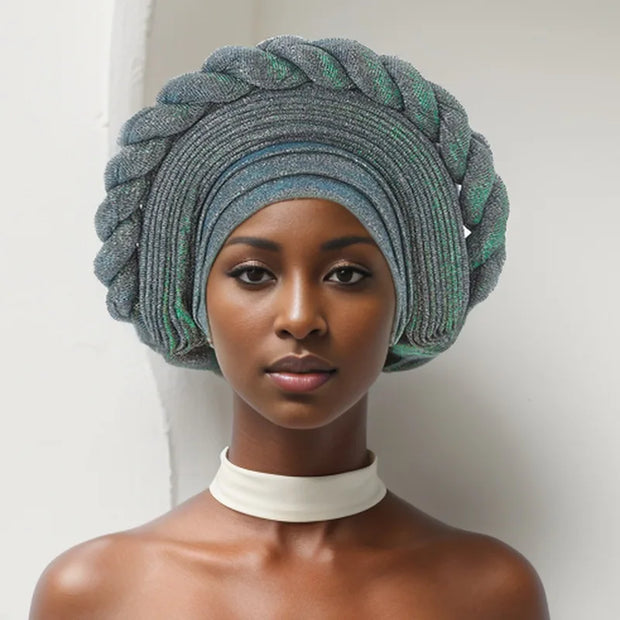 2025 New African Braid Auto Gele Wedding Party Head Wrap Muslim Women Hijab Bonnet Turban Cap Nigeria Already Made Aso Oke Hat