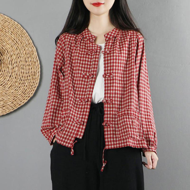 2023 New Spring and Autumn Art Retro Standing Collar Panel Buckle Plaid Printed Simple Casual Loose Oversized Ethnic Style Coat