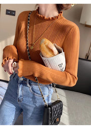 2024 Elegant Solid Basic Knitted Tops Women Turtlneck Sweater Casual Slim Pullover Korean Fashion Simple Chic Ruched Clothes