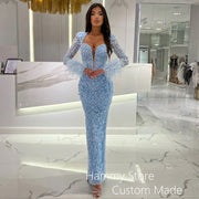 Light Blue Mermaid Evening Dress Customized Lace Applique Pearls Cocktail Party Gown Ankle Length Prom Dresses Custom Color