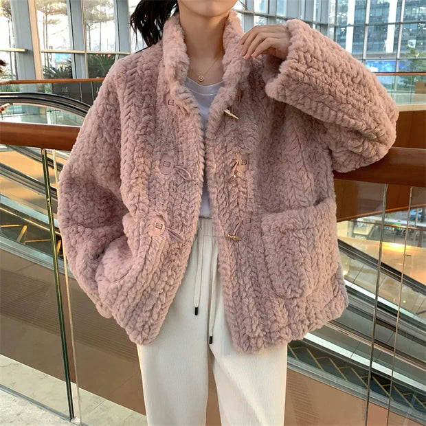 New Women Velvet Jackets Fall Winter Thicken Warm Loose Pocket Oversized Plush Coats Retro Casual Harajuku Office Lady Outwear