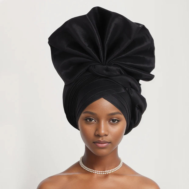 African Female Turban Cap Women Auto gele Headtie Nigeria Raw Silk Fan Gele Wedding Headdress Party Head Wraps Headwear Turbante