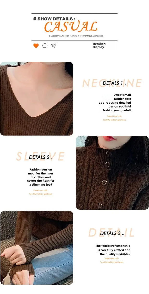 2024 New Women's Autumn/Winter Long Sleeve Cable Knit Top Stylish Knitted Pullovers 2-Piece Set Base Layer Top