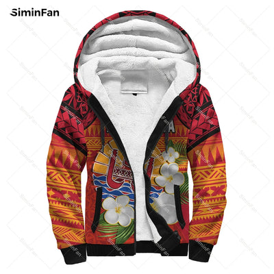 French Polynesia Sherpa 3D Printed Flannel Jacket Fleece Zipper Hoodie Winter Jumper Coat Windproof Outwear Warm Hoody Pullover