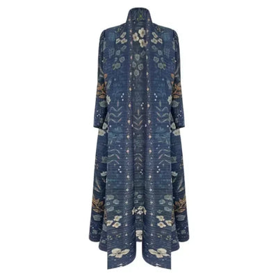 Miyake Pleated Retro Printed Foldable Collar Long Sleeved Trench Coat for Women's Autumn New Ethnic Style Oversized Long Jacket