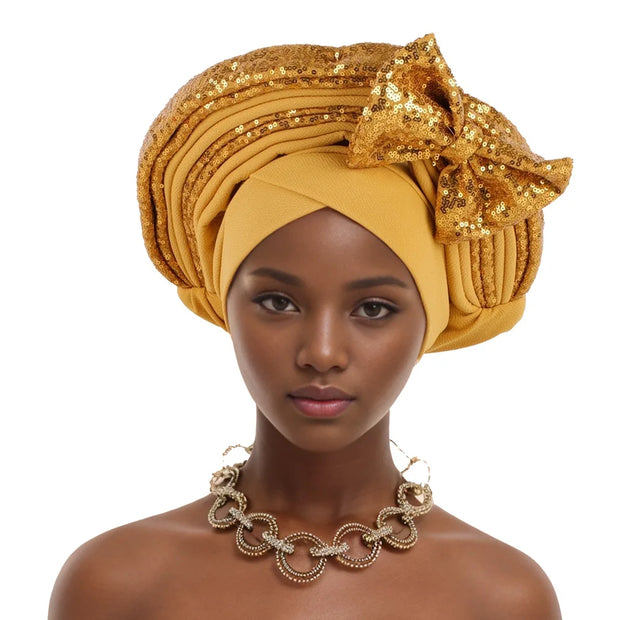 Pre-Tied Africa Braid Aso Oke Auto Gele Headtie Already Made Nigerian Turbans for Women African Head Wrap Bonnet for Party 1Set