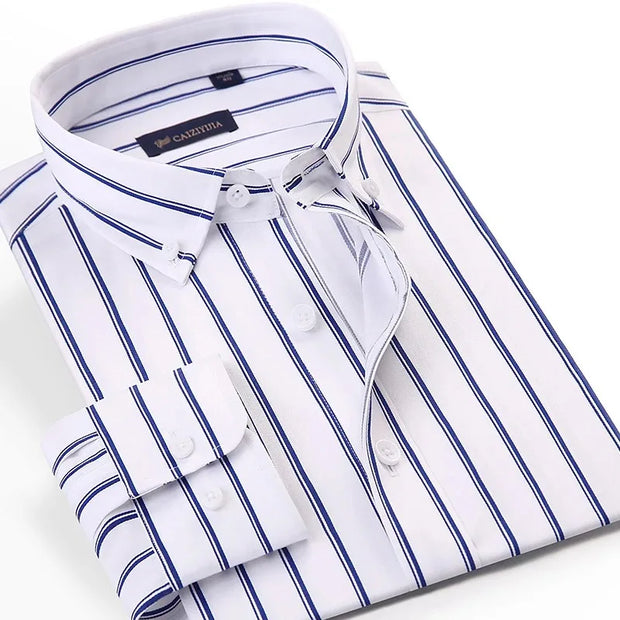 Men's Striped Long Sleeve Elegant Dress Shirt Bamboo Fiber Without Pocket Standard Fit Casual Button Down Male Business Shirts