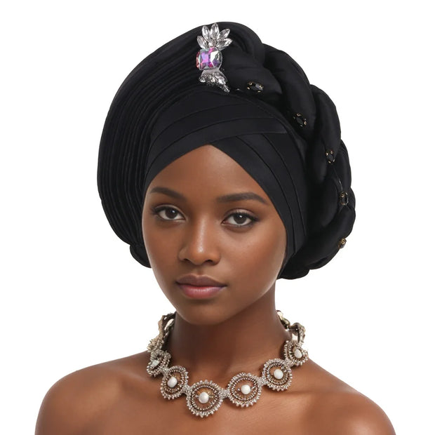 Pre-Tied Africa Braid Aso Oke Auto Gele Headtie Already Made Nigerian Turbans for Women African Head Wrap Bonnet for Party 1Set