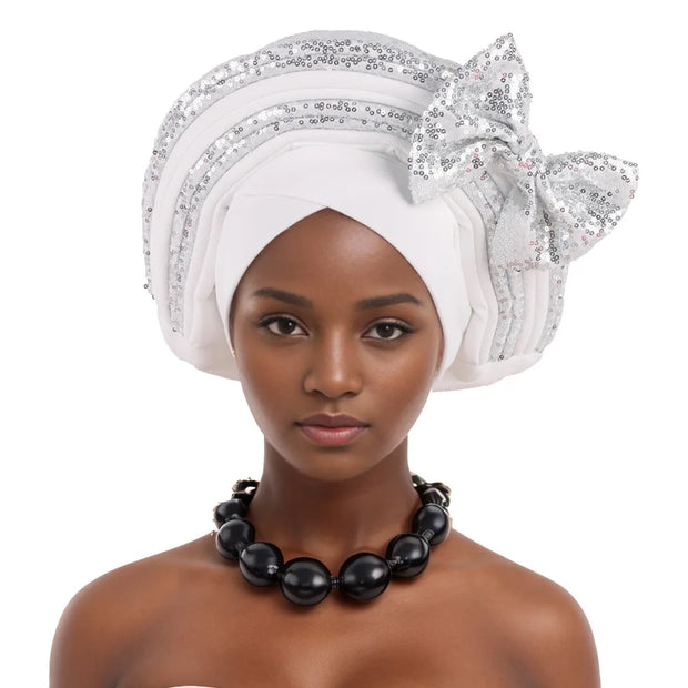 Pre-Tied Africa Braid Aso Oke Auto Gele Headtie Already Made Nigerian Turbans for Women African Head Wrap Bonnet for Party 1Set