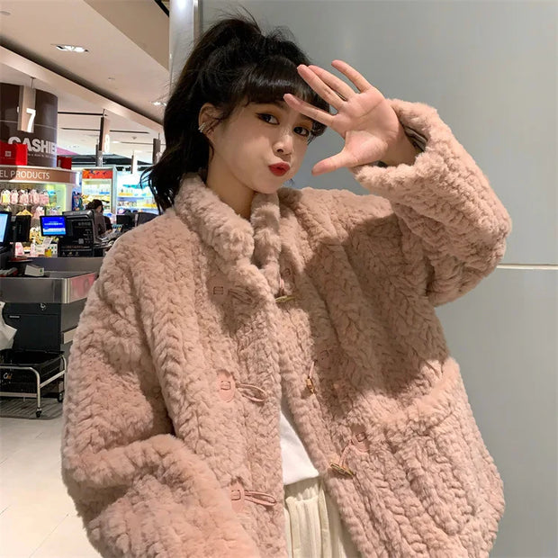 New Women Velvet Jackets Fall Winter Thicken Warm Loose Pocket Oversized Plush Coats Retro Casual Harajuku Office Lady Outwear