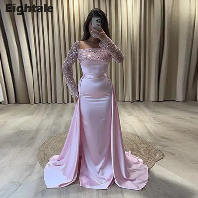 Eightale Pink Evening Dresses with Detachable Skirt Sequin Long Sleeve Customized Prom Party Gown Wedding sukienki na studniówkę